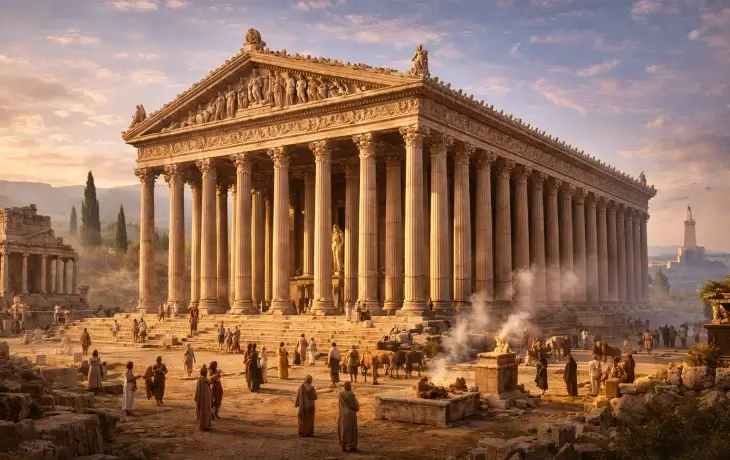 efes artemis tapınağı antik dönemde aktif kullanılırken sütunları ve kalabalık ziyaretçilerle